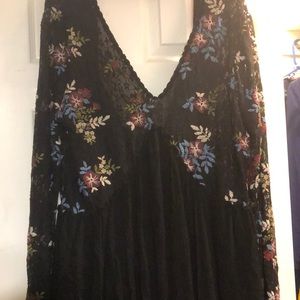 Black flowy dress with sheer floral top